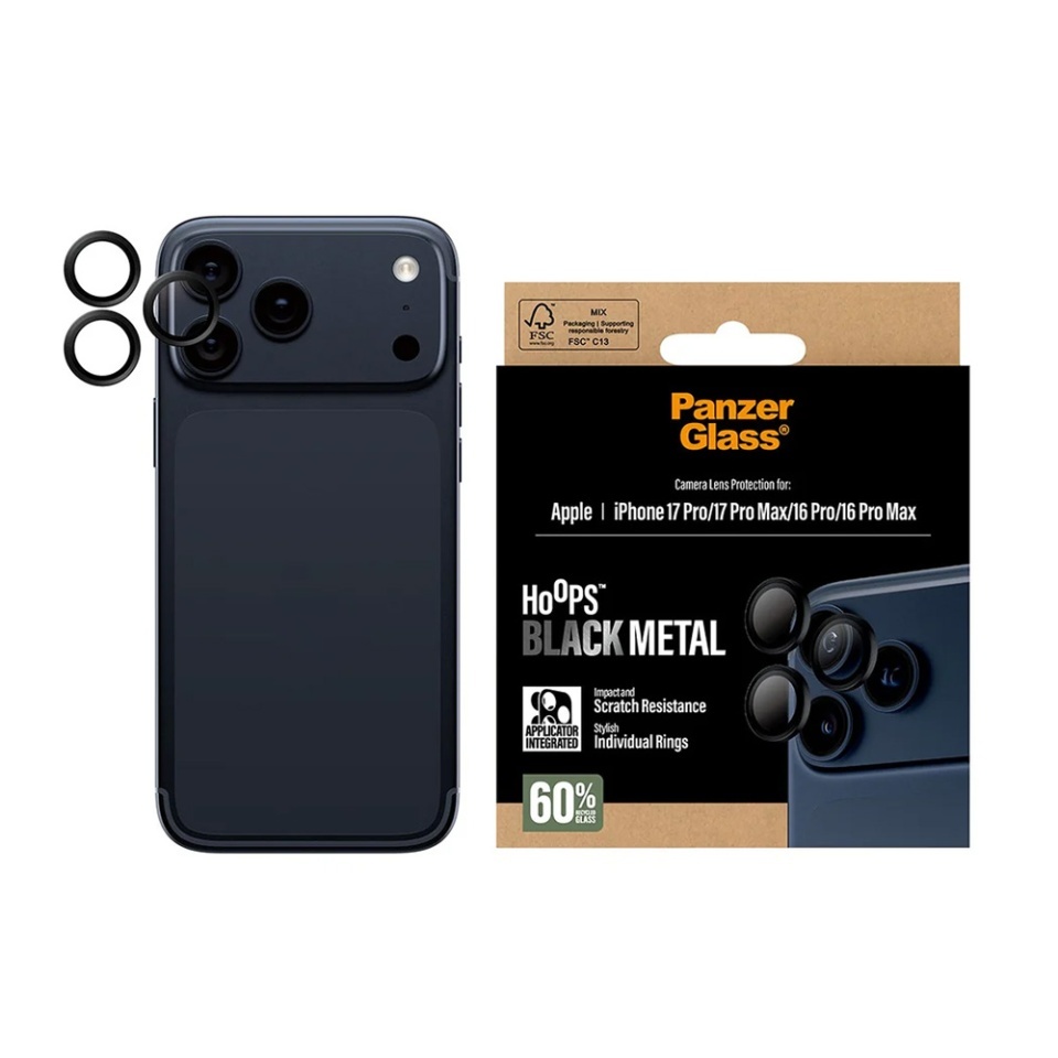 Protectie Camera pentru iPhone 16 Pro / 16 Pro Max / 17 Pro / 17 Pro Max, Hoops PanzerGlass®, cu Separare Optica, Sticla Securizata, Anti-Zgarieturi si Anti-Reflexie, Negru