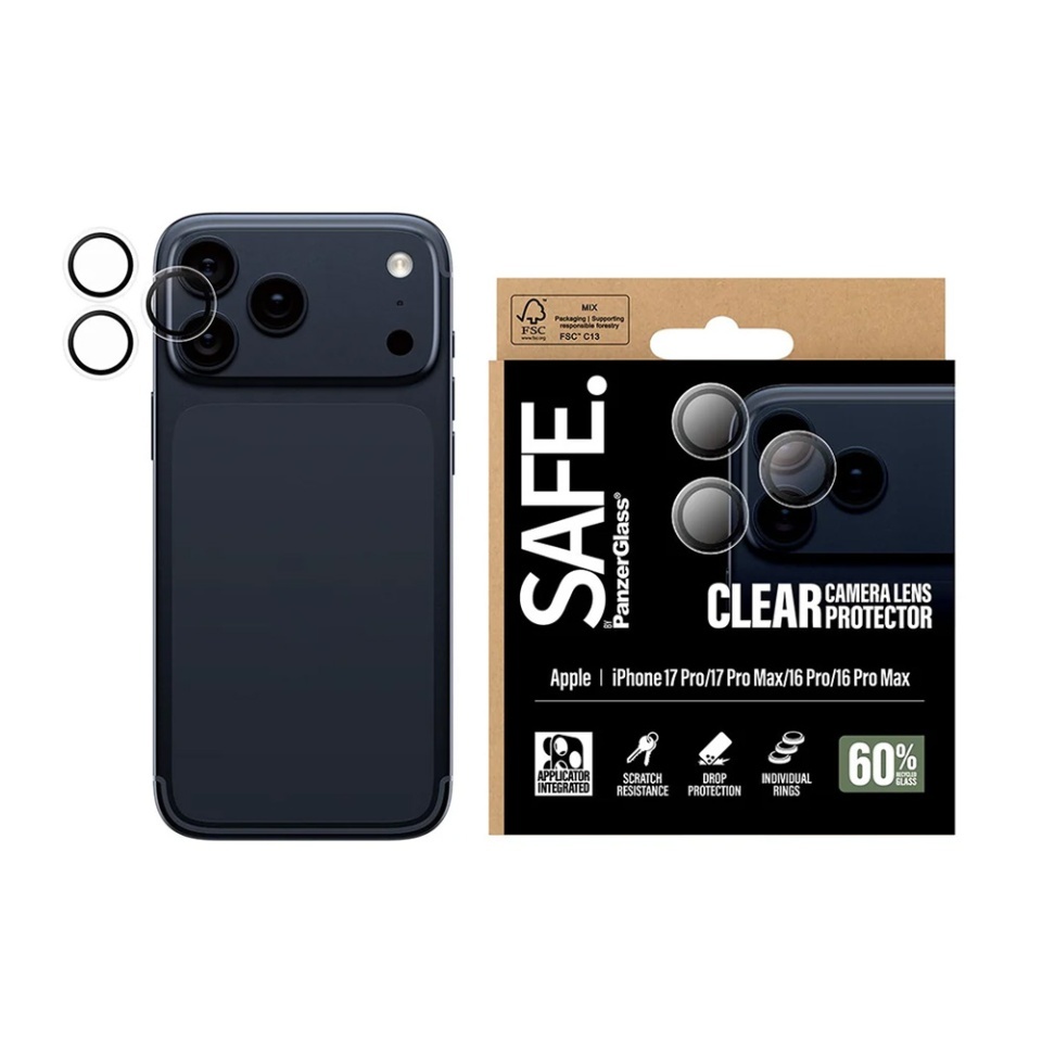 Protectie Camera pentru iPhone 16 Pro / 16 Pro Max / 17 Pro / 17 Pro Max, SAFE. PanzerGlass®, cu Separare Optica, Sticla Securizata, Anti-Zgarieturi si Anti-Reflexie, Transparent