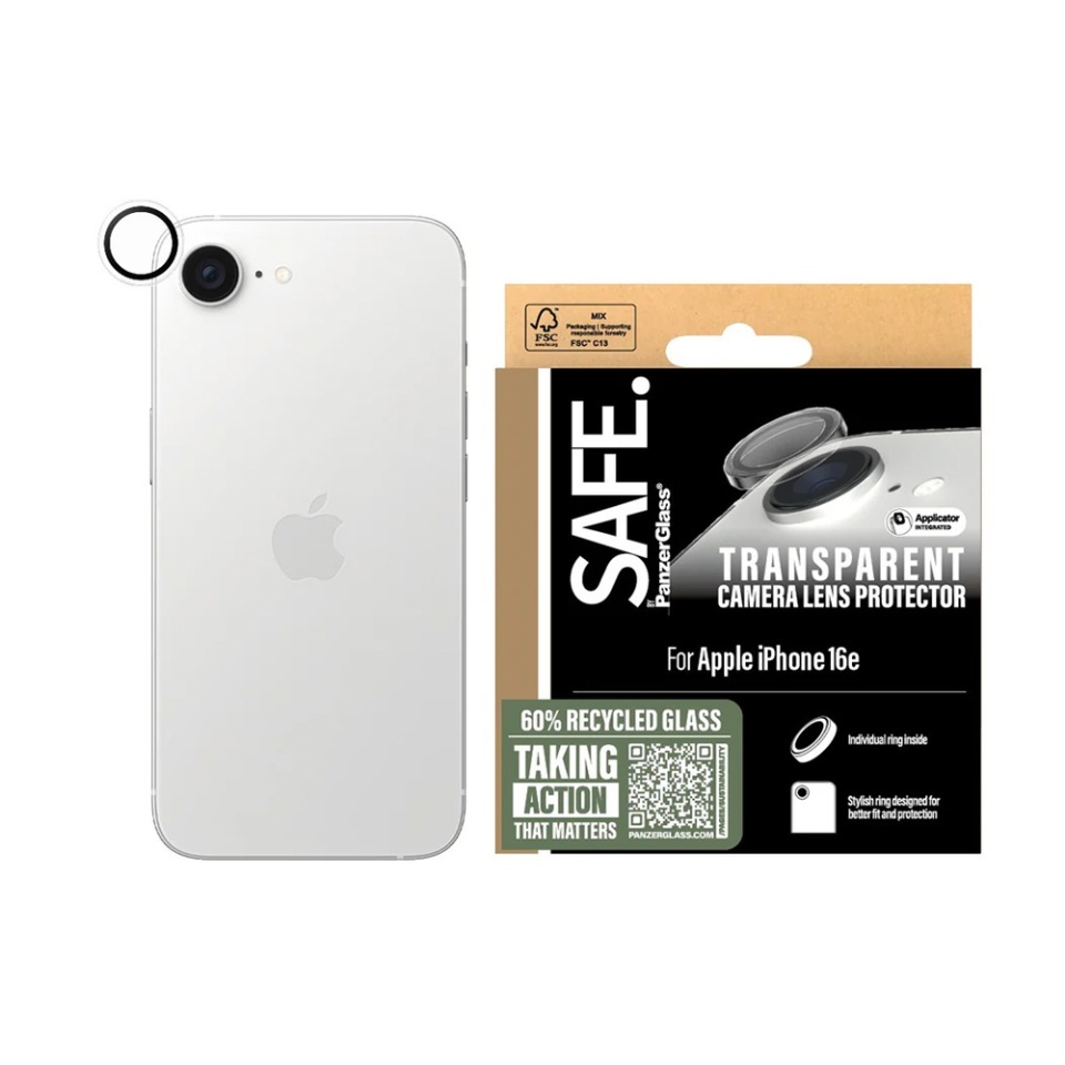Protectie Camera pentru iPhone 16e, SAFE. PanzerGlass®, cu Separare Optica, Sticla Securizata, Anti-Zgarieturi si Anti-Reflexie, Transparent