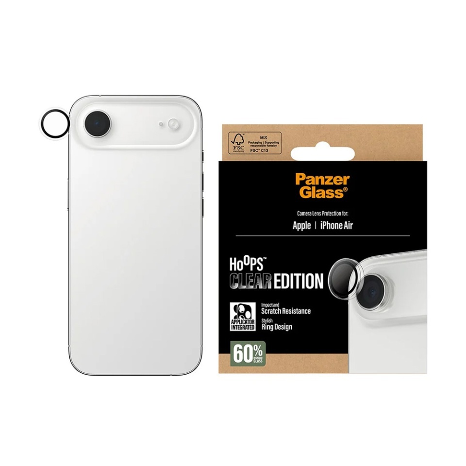 Protectie Camera pentru iPhone 17 Air, Hoops PanzerGlass®, cu Separare Optica, Sticla Securizata, Anti-Zgarieturi si Anti-Reflexie, Transparenta