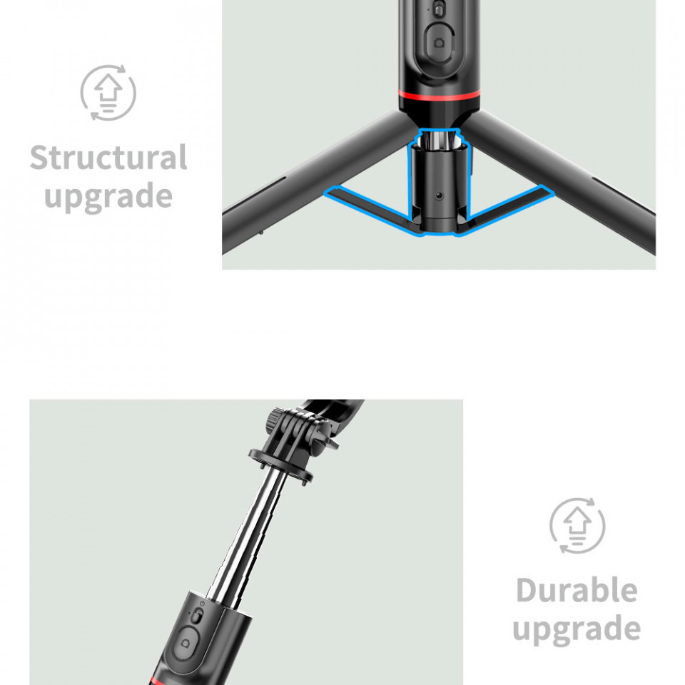 Selfie Stick si Trepied Stabil Bluetooth, 113cm, Techsuit (L13), Negru - 3 | YEO