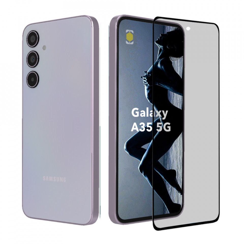 Sticla pentru Samsung Galaxy A35 5G, Anti-spy Ultra HD, Protectie 9H, Montare Simplă, SKYDDAR 111D Privacy - Black Frame