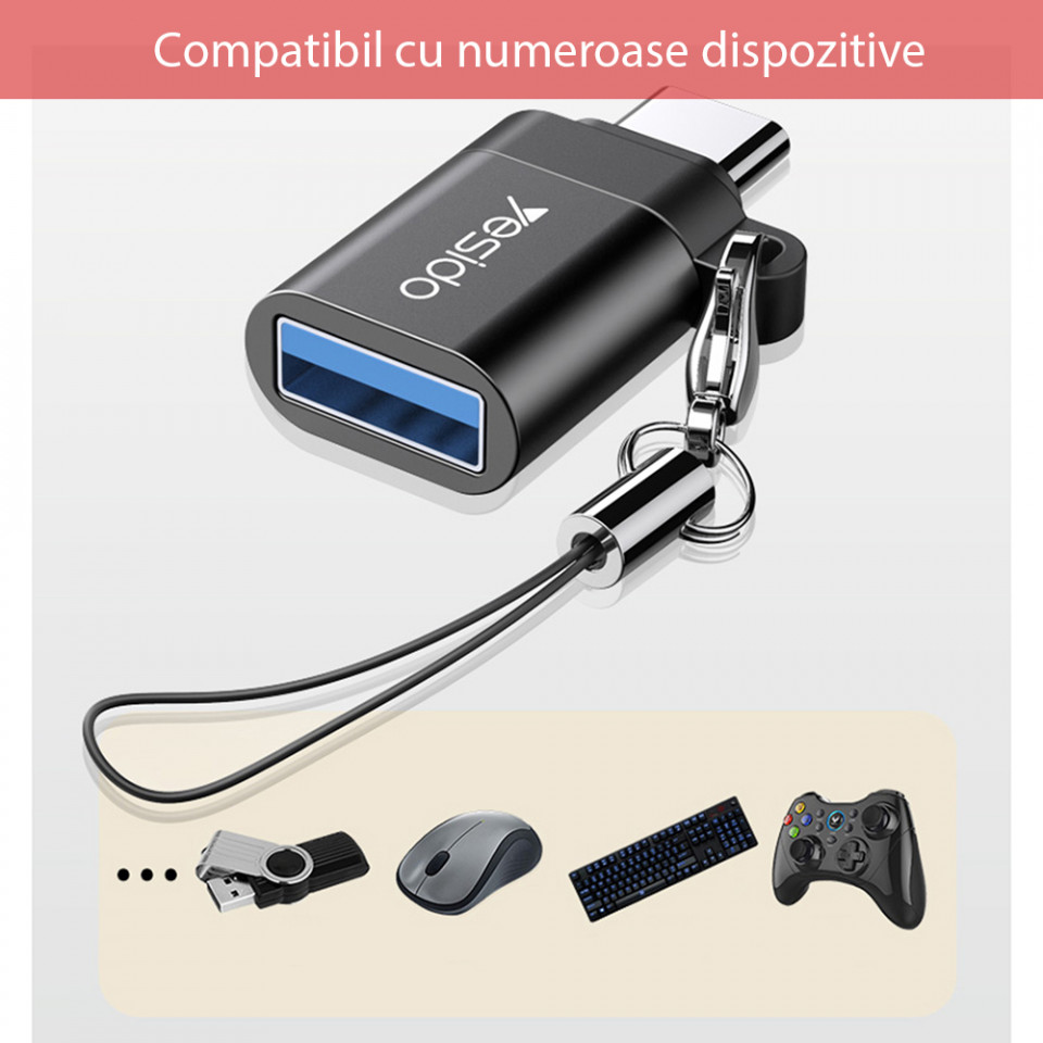 Adaptor Type-C la USB 3.0, Plug & Play, 5Gbps, Yesido (GS06) - Negru - 2 | YEO
