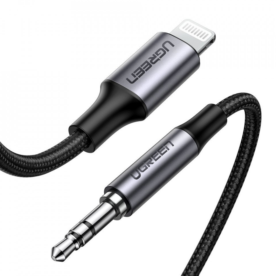 Cablu audio (70509) Lightning la Jack 3.5mm, MFi Certified & invelis din Aluminiu, 1m, Ugreen - Negru - 1 | YEO
