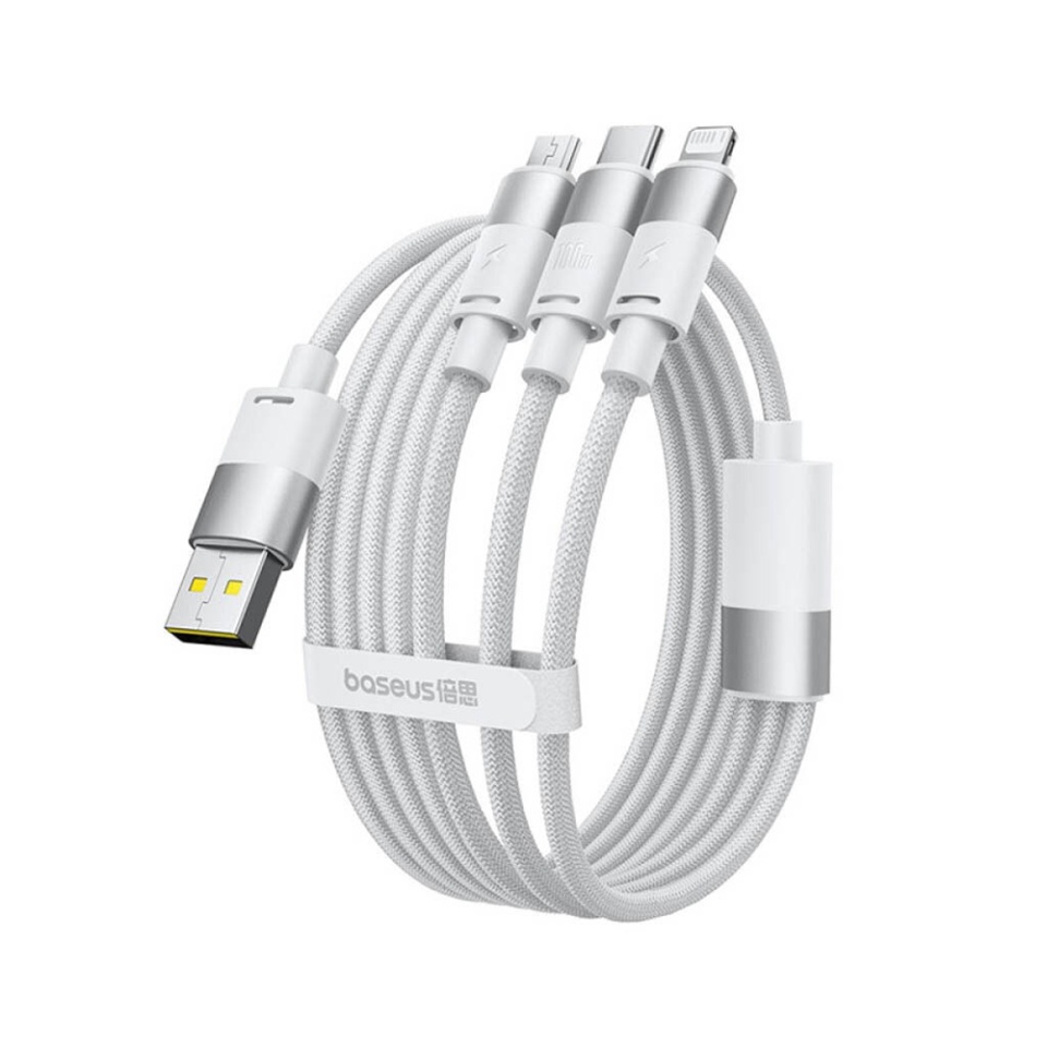 Cablu de Date 3in1 USB la Type-C, Lightning, MicroUSB, 100W, 1.5m, Baseus StarSpeed, Alb - 1 | YEO