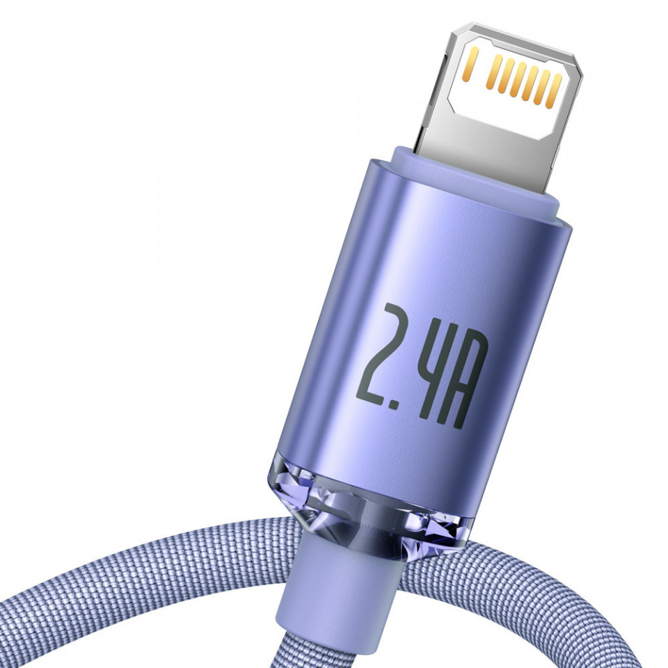 Cablu de date USB la Lightning, 2.4A, 1.2m, Baseus Crystal Shine (CAJY000005) - Mov - 2 | YEO