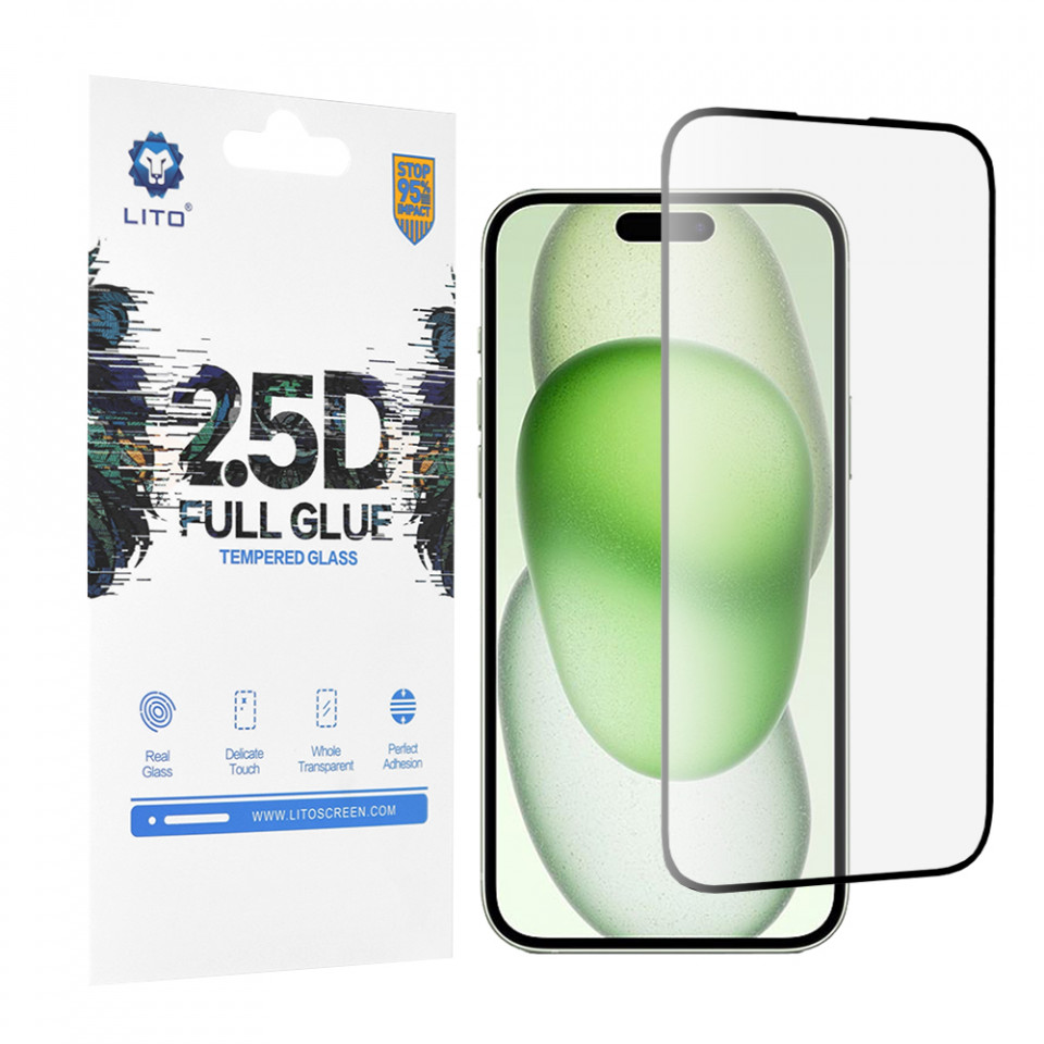 Folie sticla iPhone 15 Plus, 2.5D FullGlue Lito - Negru