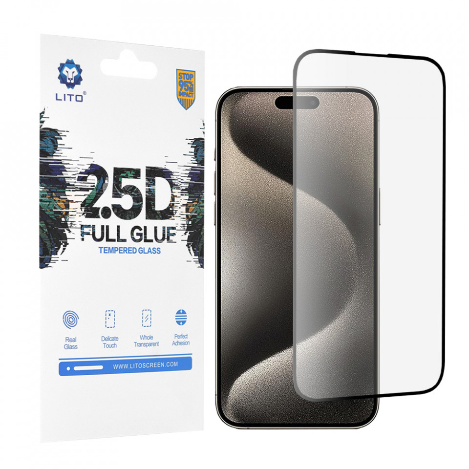Folie sticla iPhone 15 Pro Max, 2.5D FullGlue Lito - Negru