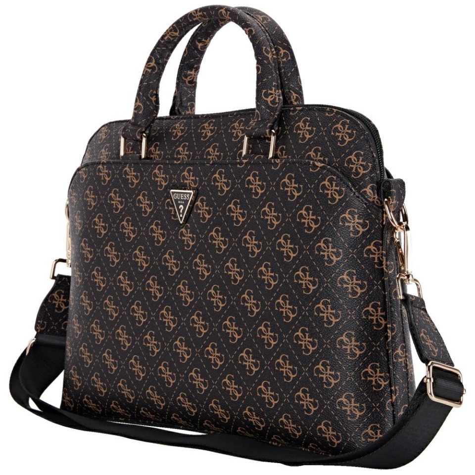 Geanta Laptop Dispozitive 15 inch, Grained Triangle Logo, Piele Ecologica, Curea Ajustabila, Guess, Maro