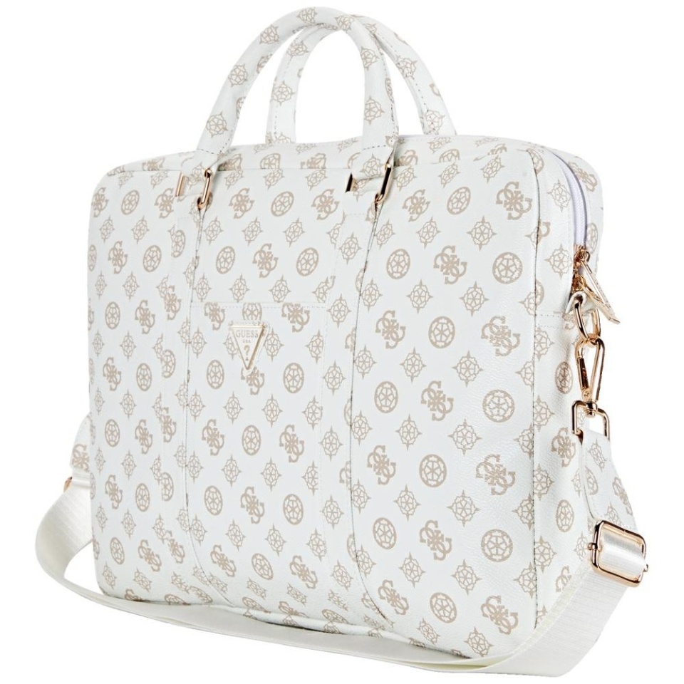 Geanta Laptop Dispozitive 16 inch, Peony Triangle Logo, Piele Ecologica, Curea Ajustabila, Guess, Alb