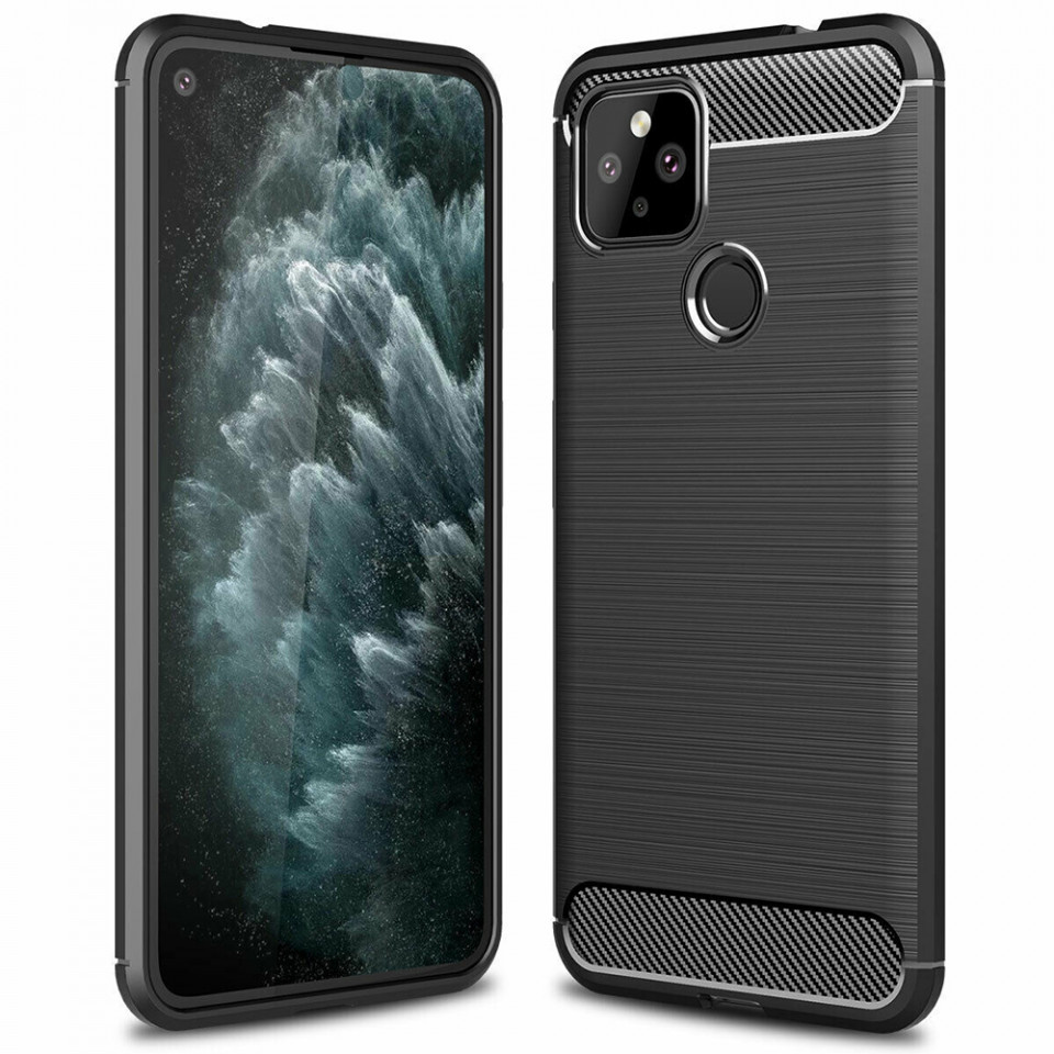 Husa Google Pixel 5 din silicon, Slim, cu textura Fibra Carbon - Negru