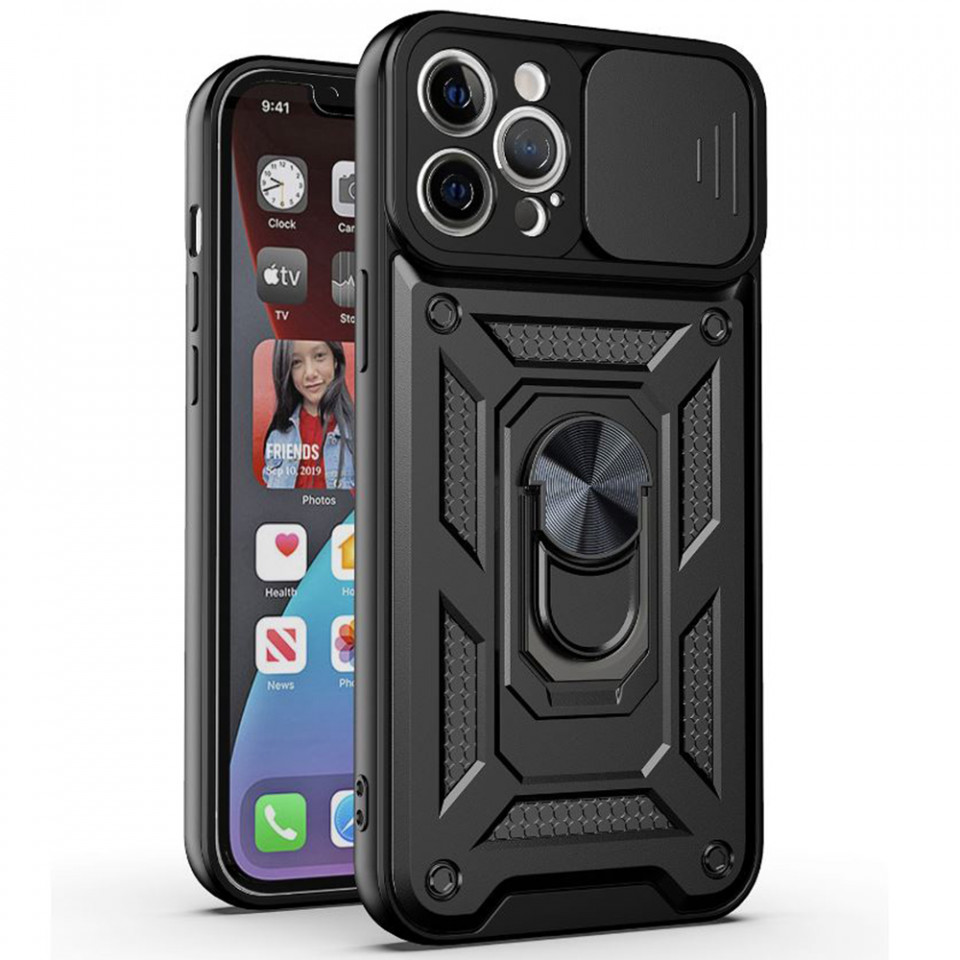 Husa iPhone 12 Pro Max cu inel magnetic, Techsuit CamShield - Negru