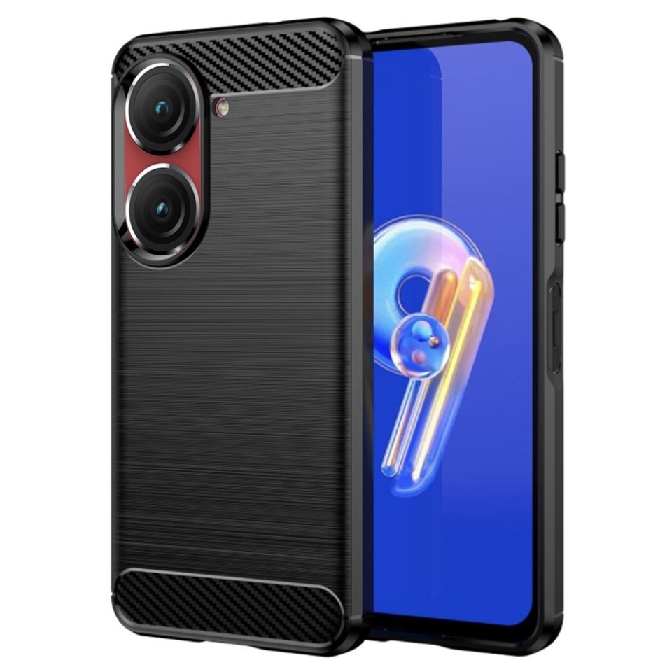 Husa pentru Asus Zenfone 9 / Zenfone 10, SKYDDAR INNOVATION, Carbon Silicone, din Silicon Slim, cu textura Fibra Carbon, set cu sticker, Negru