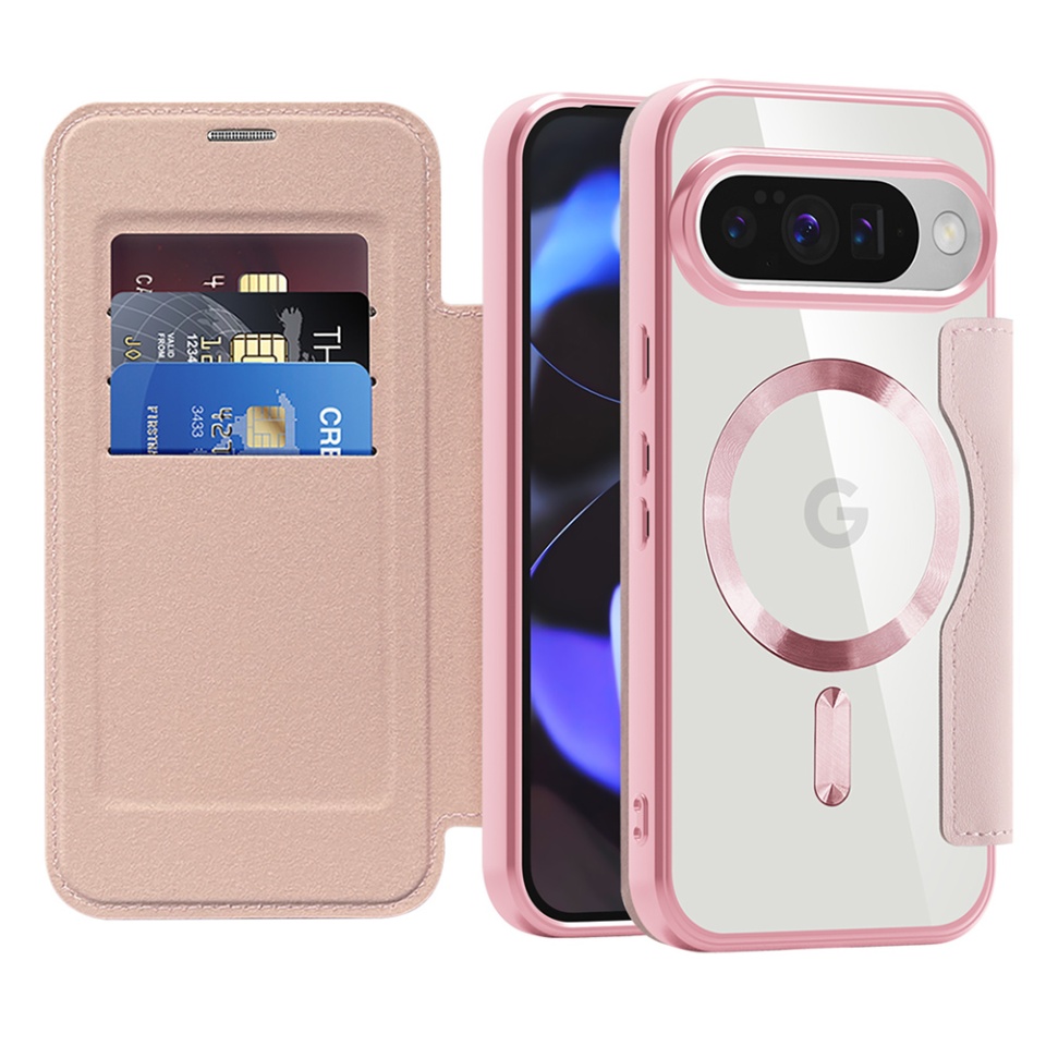 Husa pentru Google Pixel 10 / Pixel 10 Pro tip carte, SKYDDAR INOVATION, SmartMag Book, Magsafe, RFiD, Suport Carduri, set cu sticker, Roz