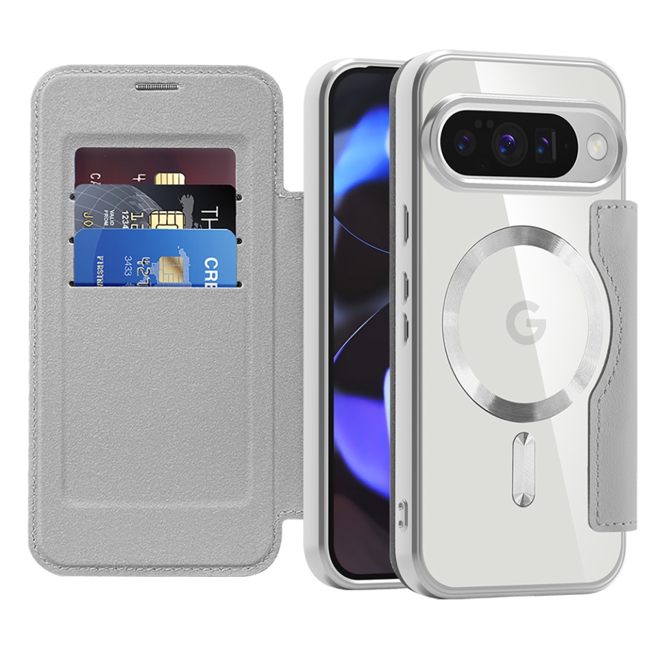 Husa pentru Google Pixel 10 / Pixel 10 Pro tip carte, SKYDDAR INOVATION, SmartMag Book, Magsafe, RFiD, Suport Carduri, set cu sticker, Gri