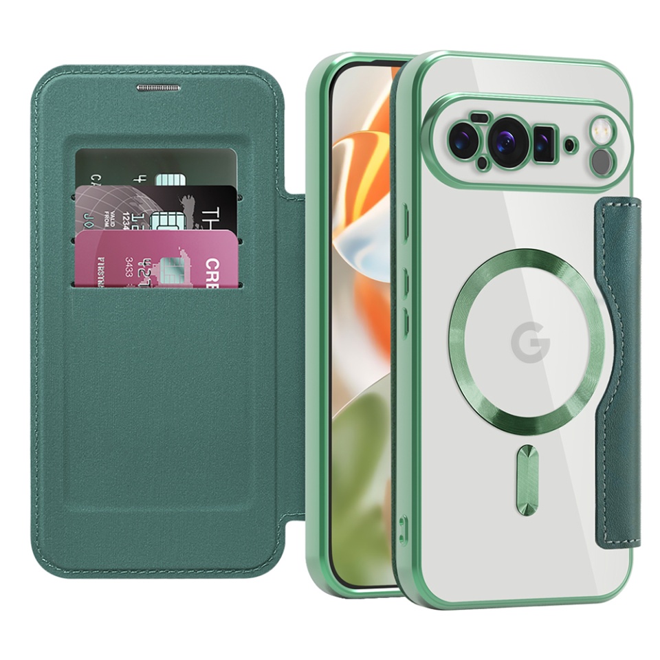 Husa pentru Google Pixel 10 Pro XL tip carte, SKYDDAR INOVATION, SmartMag Book, Magsafe, RFiD, Suport Carduri, set cu sticker, Verde
