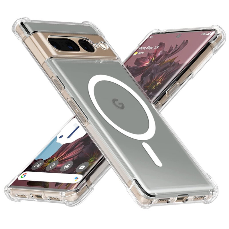 Husa pentru Google Pixel 7 Pro, SKYDDAR INNOVATION, Shockproof MagSafe, Transparenta, set cu sticker