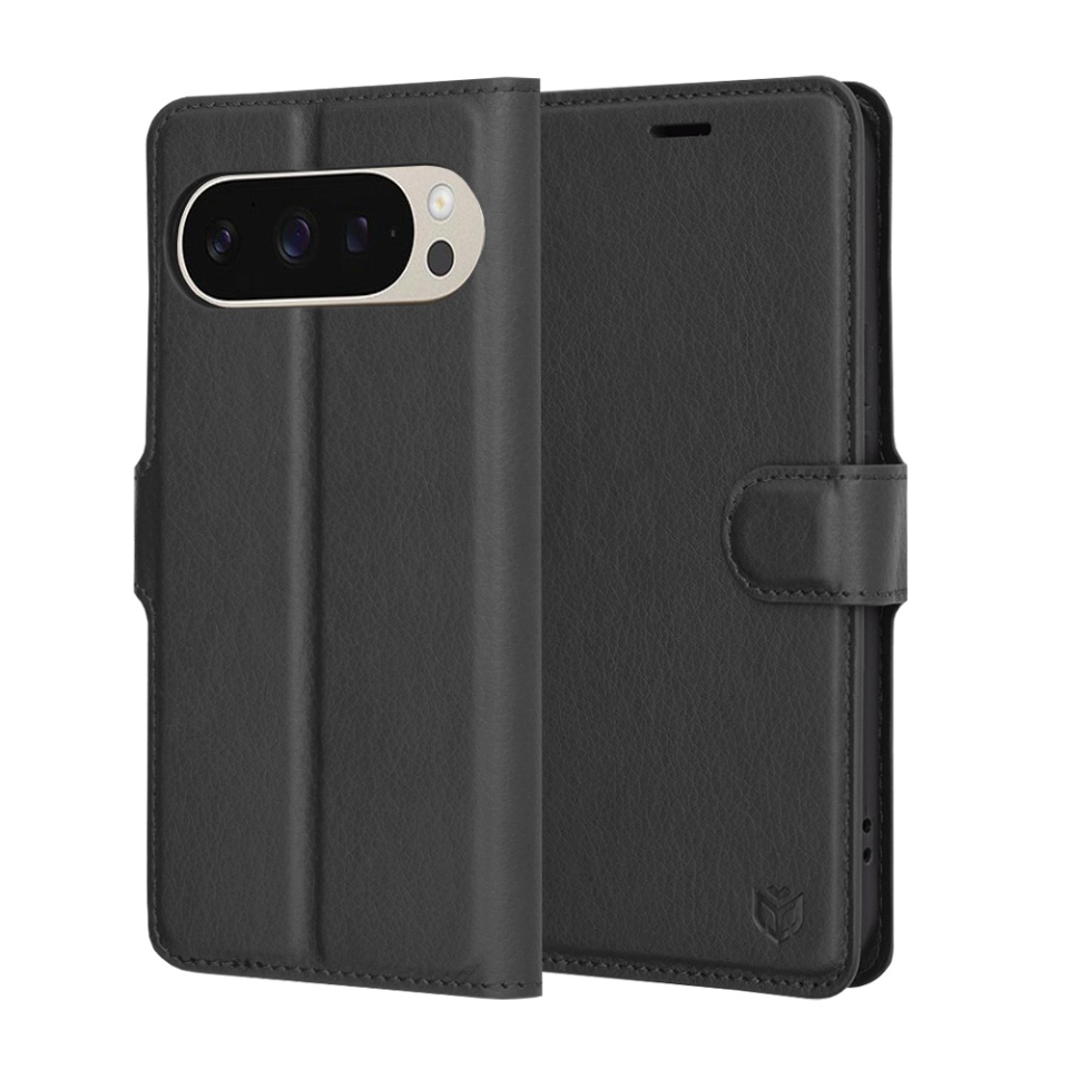 Husa pentru Google Pixel 9 / Pixel 9 Pro, SKYDDAR INNOVATION, Leather Folio tip Carte, cu Portofel Interior, Finisaje Premium, set cu sticker, Negru