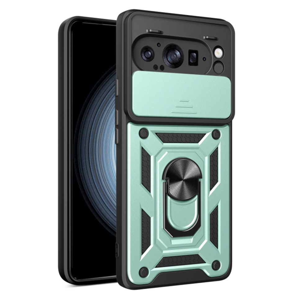 Husa pentru Google Pixel 9 Pro XL, SKYDDAR INNOVATION, CamShield, Inel magnetic, set cu sticker, Verde