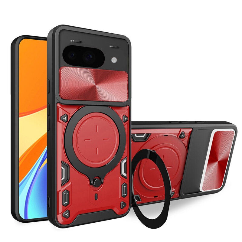 Husa pentru Google Pixel 9a, cu inel magnetic si suport ajustabil, protectie completa camera, SKDR SafeCover - Rosu