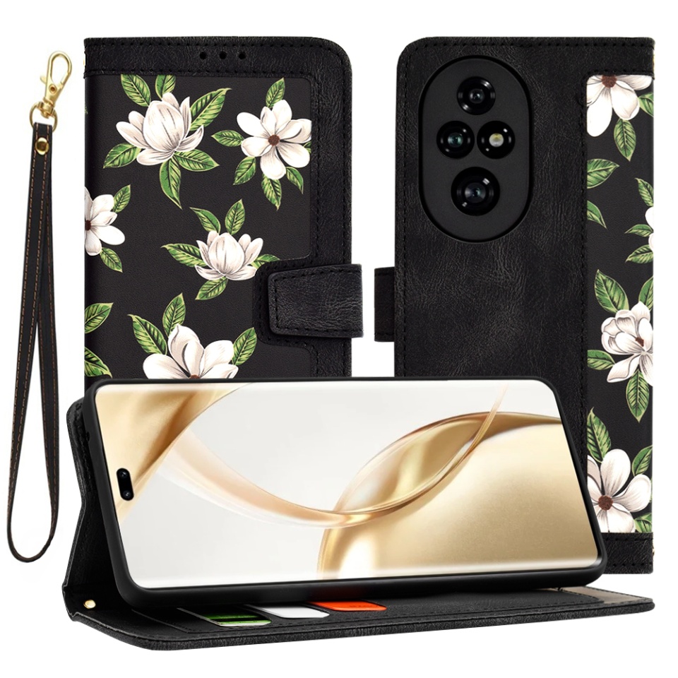 Husa pentru Honor 200 Pro din Piele Ecologică cu Design Floral, Protecție 360°, Stand Integrat, Buzunare pentru Carduri, SKDR Floral Wallet - Negru