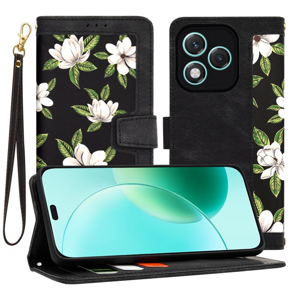 Husa pentru Honor 400 Lite, SKYDDAR INNOVATION, Floral Wallet, din Piele Ecologică cu Design Floral, Protecție 360°, Stand Integrat, Buzunare pentru Carduri, Negru, set cu sticker