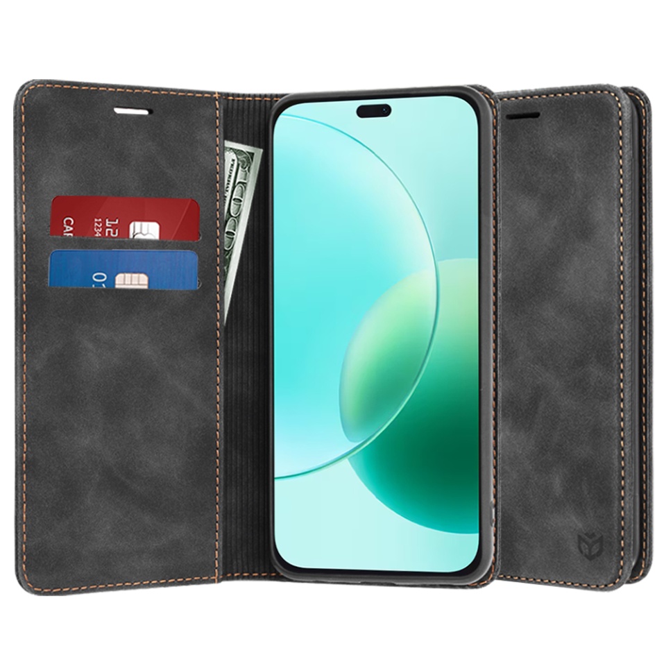 Husa pentru Honor 400 Lite, SKYDDAR INNOVATION, Soft Wallet, tip Carte din piele Eco Premium, cu Portofel Interior, Negru, set cu sticker
