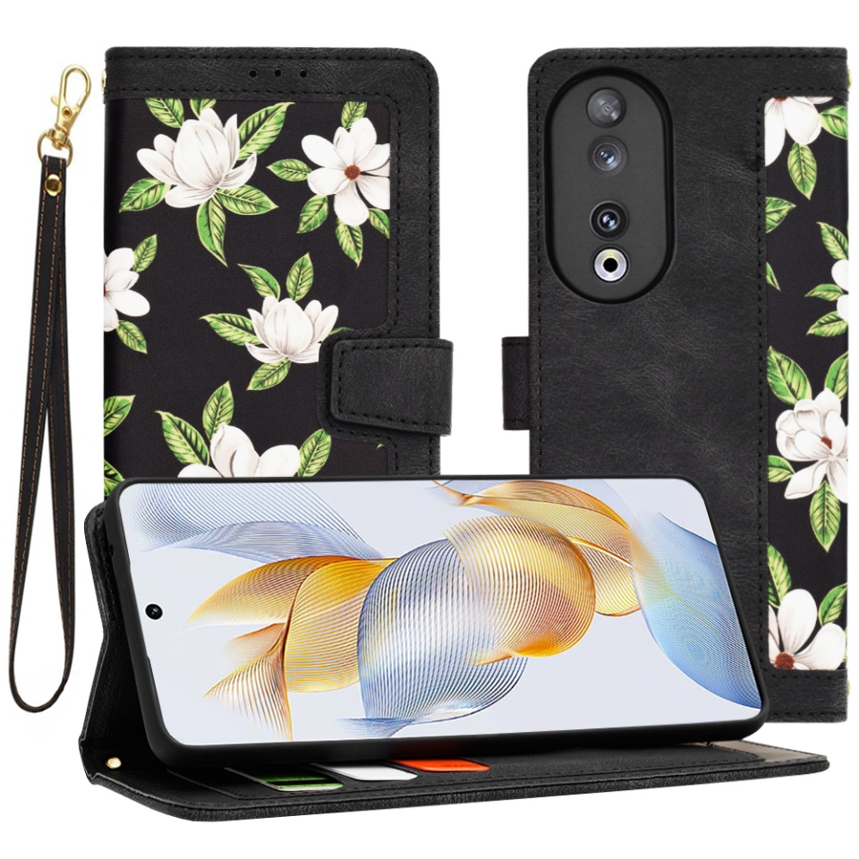 Husa pentru Honor 90 din Piele Ecologică cu Design Floral, Protecție 360°, Stand Integrat, Buzunare pentru Carduri, SKDR Floral Wallet - Negru