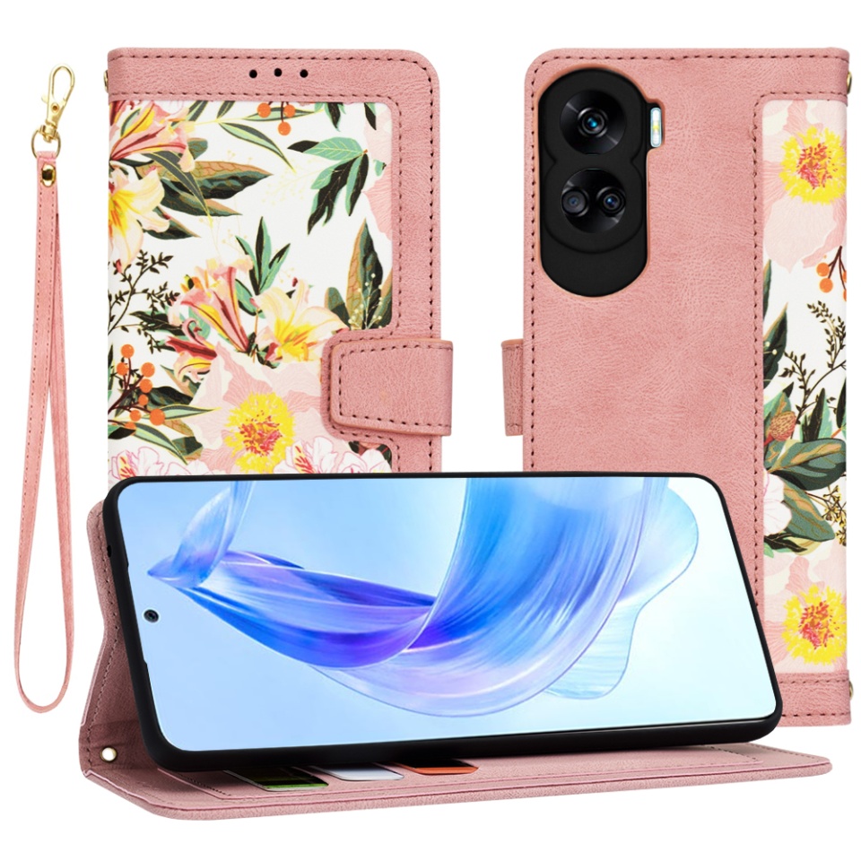 Husa pentru Honor 90 Lite din Piele Ecologică cu Design Floral, Protecție 360°, Stand Integrat, Buzunare pentru Carduri, SKDR Floral Wallet - Roz