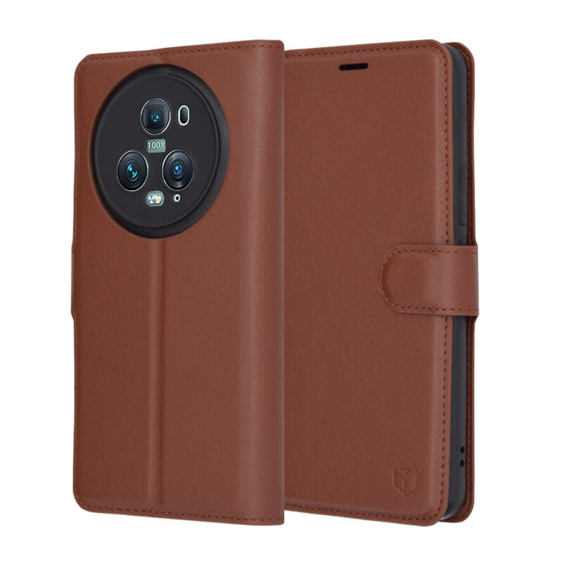 Husa pentru Honor Magic5 Pro, SKYDDAR INNOVATION, Leather Folio tip Carte, cu Portofel Interior, Finisaje Premium, set cu sticker, Maro
