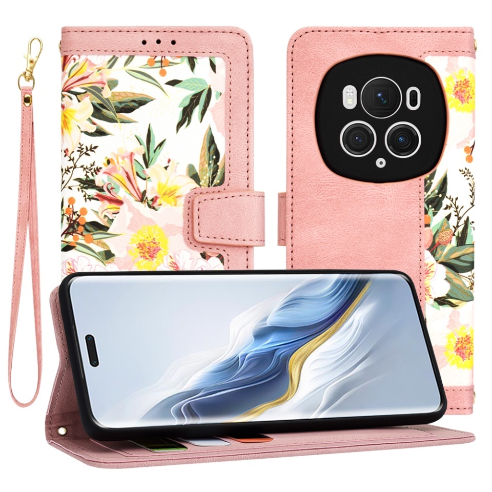 Husa pentru Honor Magic6 Pro, SKYDDAR INNOVATION, Flipcraft din Piele Ecologică, Stand Integrat, Buzunare pentru Carduri, set cu sticker, Roz