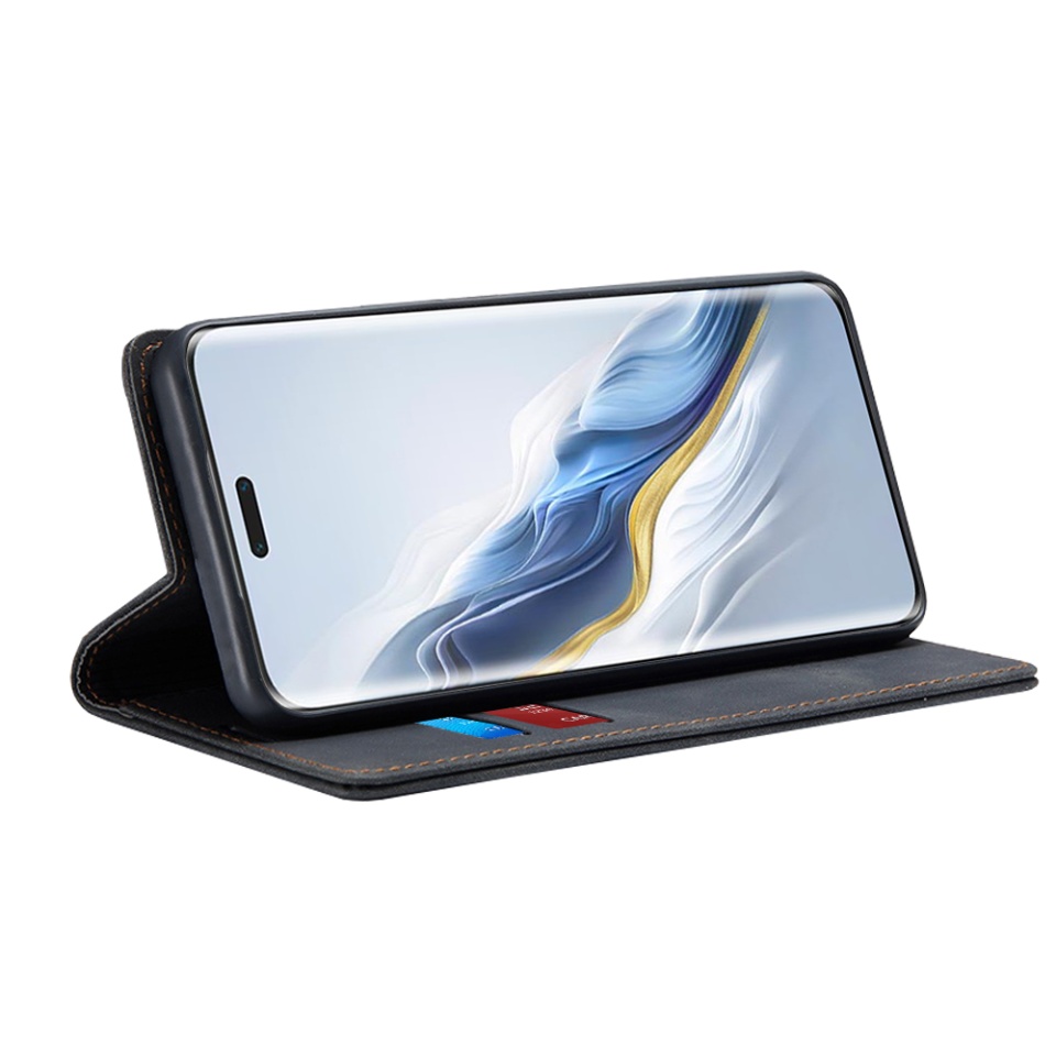Husa pentru Honor Magic6 Pro, SKYDDAR INNOVATION, Soft Wallet, tip Carte din piele Eco Premium, cu Portofel Interior, Negru, set cu sticker - 1 | YEO