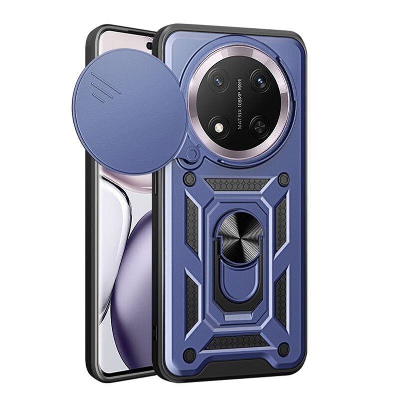 Husa pentru Honor Magic7 Pro cu inel magnetic si protectie camera CamShield cu sticker - Albastru