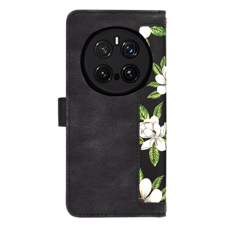 Husa pentru Honor Magic7 Pro din Piele Ecologică cu Design Floral, Protecție 360°, Stand Integrat, Buzunare pentru Carduri, SKDR Floral Wallet - Negru - 2 | YEO