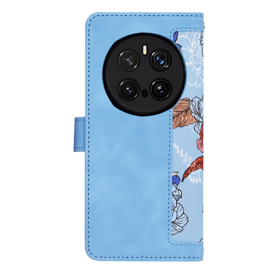 Husa pentru Honor Magic7 Pro din Piele Ecologică cu Design Floral, Protecție 360°, Stand Integrat, Buzunare pentru Carduri, SKDR Floral Wallet - Bleu - 2 | YEO