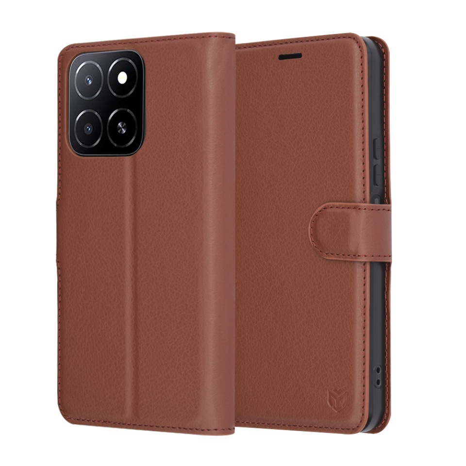 Husa pentru Honor X5b, SKYDDAR INNOVATION, Leather Folio tip Carte, cu Portofel Interior, Finisaje Premium, set cu sticker, Maro
