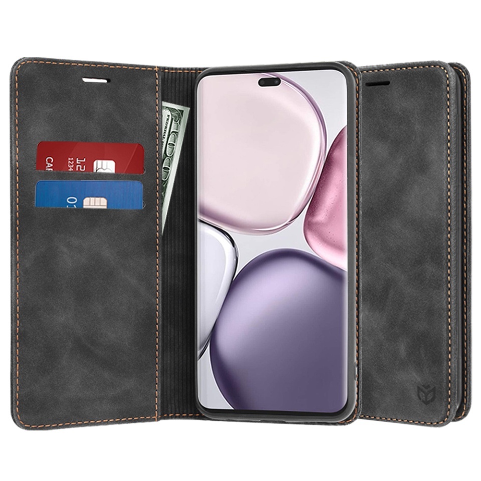 Husa pentru Honor X9c / Magic7 Lite, SKYDDAR INNOVATION, Confy Cover tip Carte din piele Eco Premium, cu Portofel Interior, set cu sticker, Negru