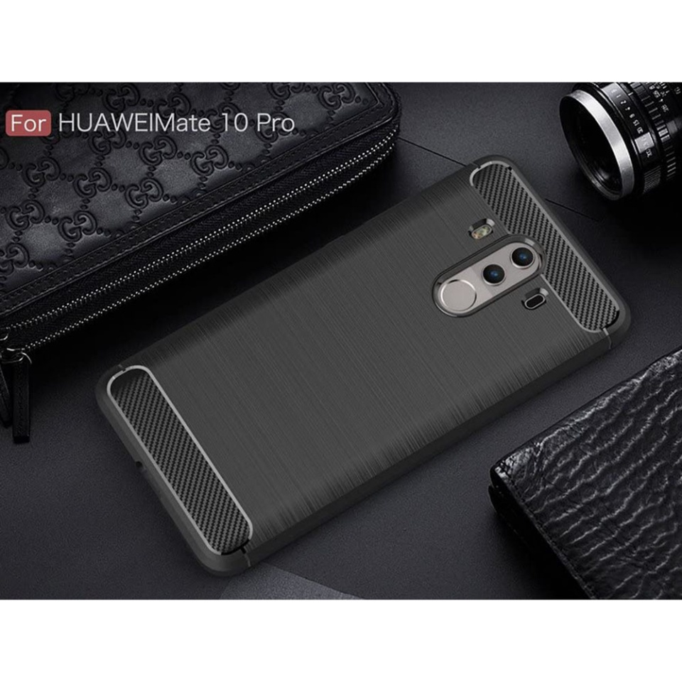 Husa pentru Huawei Mate 10 Pro, SKYDDAR INNOVATION, Carbon Silicone, din Silicon Slim, cu textura Fibra Carbon, set cu sticker, Negru - 1 | YEO