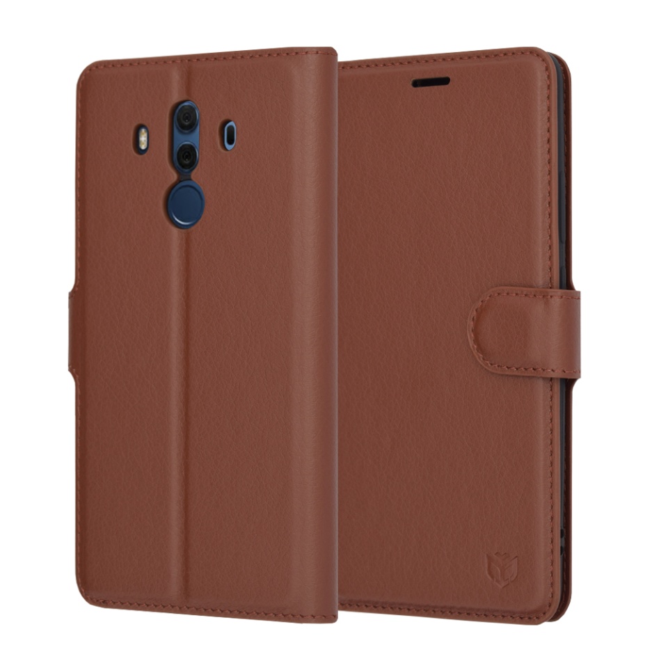 Husa pentru Huawei Mate 10 Pro, SKYDDAR INNOVATION, Leather Folio tip Carte, cu Portofel Interior, Finisaje Premium, set cu sticker, Maro