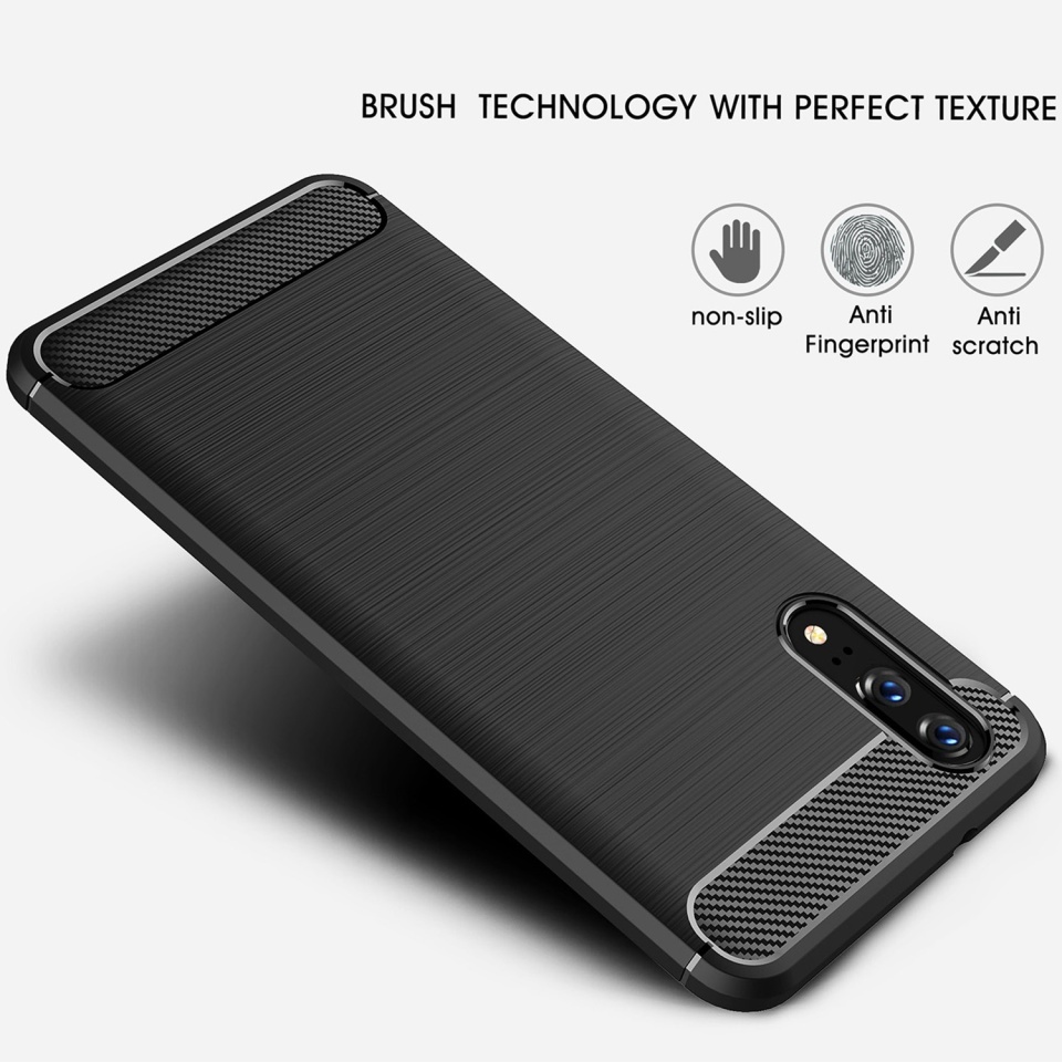 Husa pentru Huawei P20, SKYDDAR INNOVATION, Carbon Silicone, din Silicon Slim, cu textura Fibra Carbon, set cu sticker, Negru - 3 | YEO