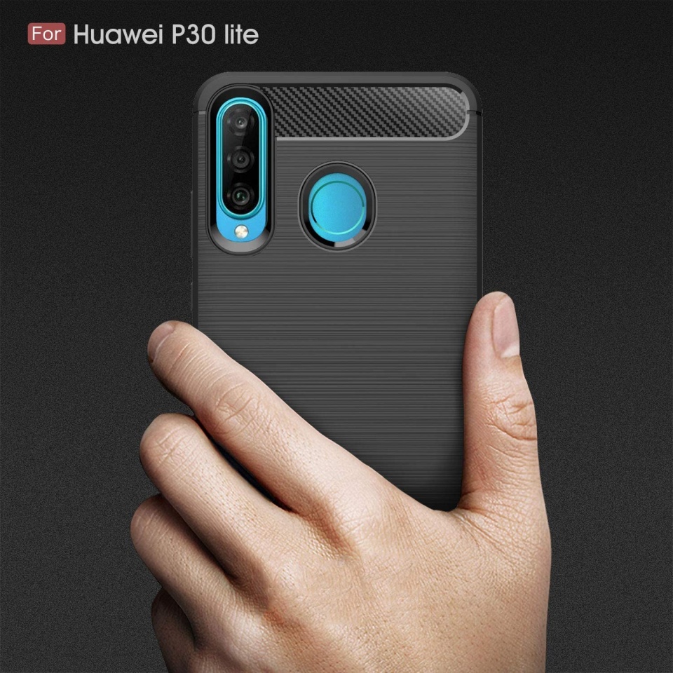 Husa pentru Huawei P30 Lite / P30 Lite New Edition, SKYDDAR INNOVATION, Carbon Silicone, din Silicon Slim, cu textura Fibra Carbon, set cu sticker, Negru - 1 | YEO