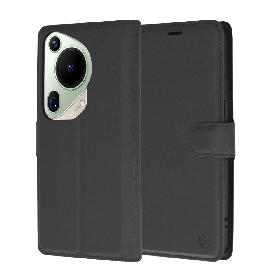 Husa pentru Huawei Pura 70 Ultra, SKYDDAR INNOVATION, Leather Folio tip Carte, cu Portofel Interior, Finisaje Premium, set cu sticker, Negru
