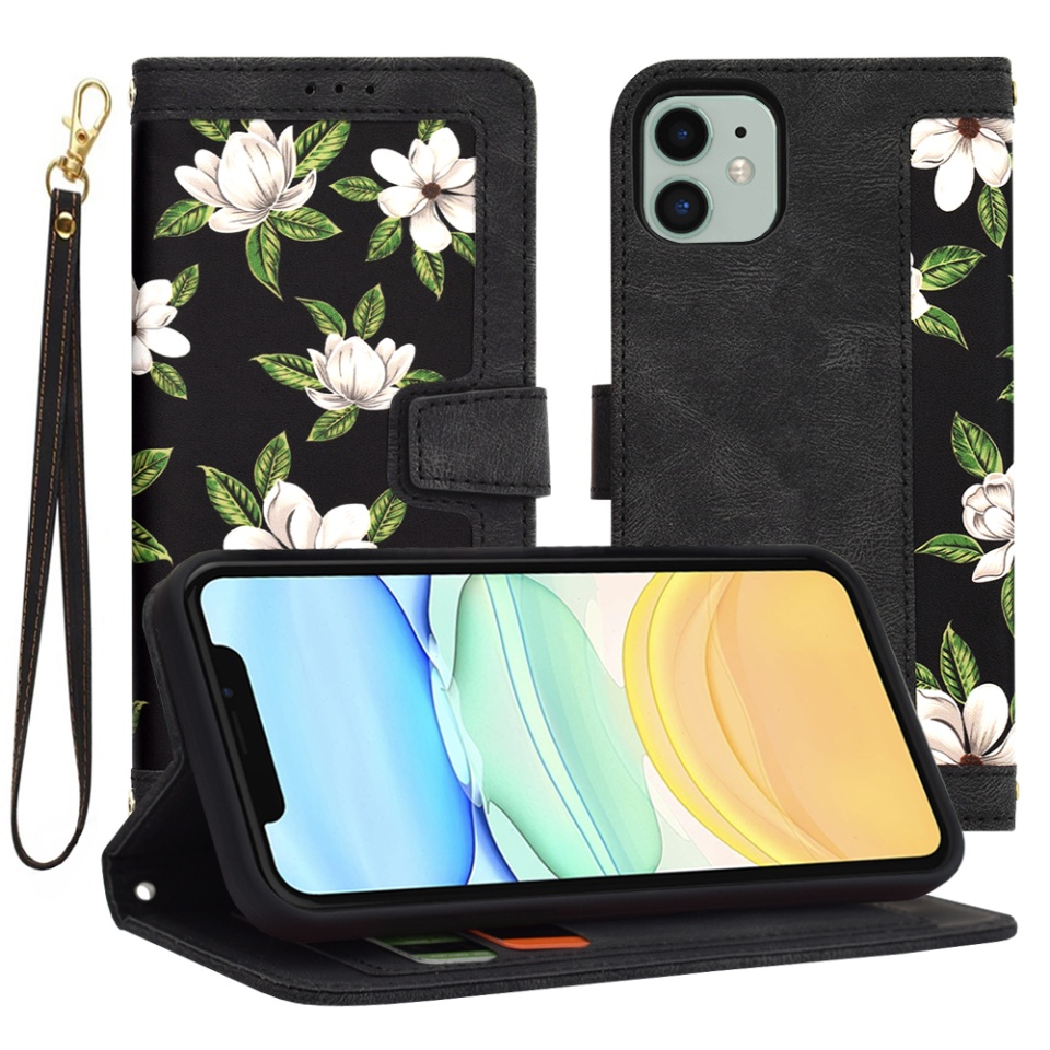 Husa pentru iPhone 11 din Piele Ecologică cu Design Floral, Protecție 360°, Stand Integrat, Buzunare pentru Carduri, SKDR Floral Wallet - Negru