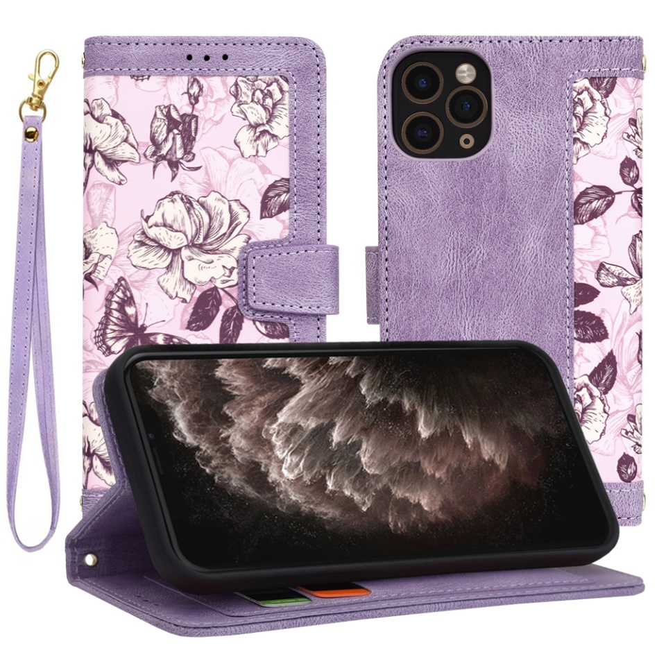 Husa pentru iPhone 11 Pro din Piele Ecologică cu Design Floral, Protecție 360°, Stand Integrat, Buzunare pentru Carduri, SKDR Floral Wallet - Mov