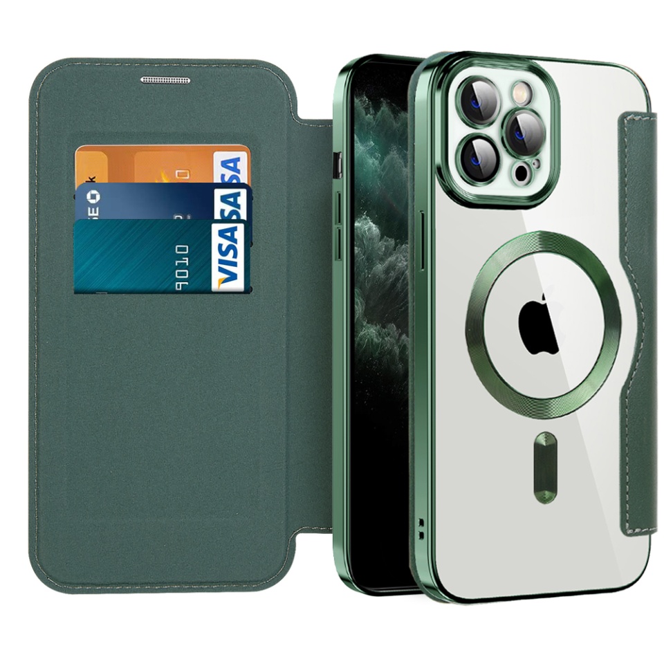 Husa pentru iPhone 11 Pro Max tip carte, SKYDDAR INOVATION, SmartMag Book, Magsafe, RFiD, Suport Carduri, set cu sticker, Verde