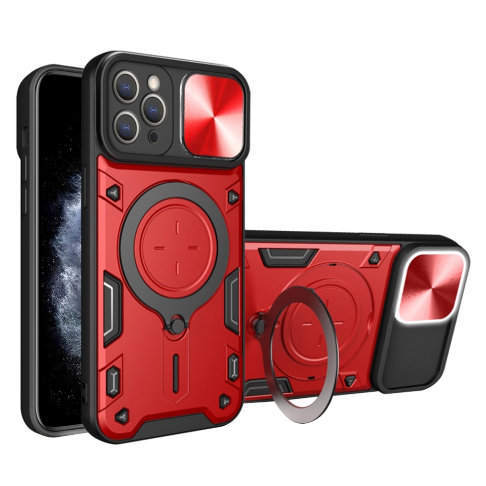 Husa pentru iPhone 11 Pro, SKYDDAR INNOVATION, CamGuard Pro, Inel Magnetic, Protectie Camera, Rosu, set cu sticker
