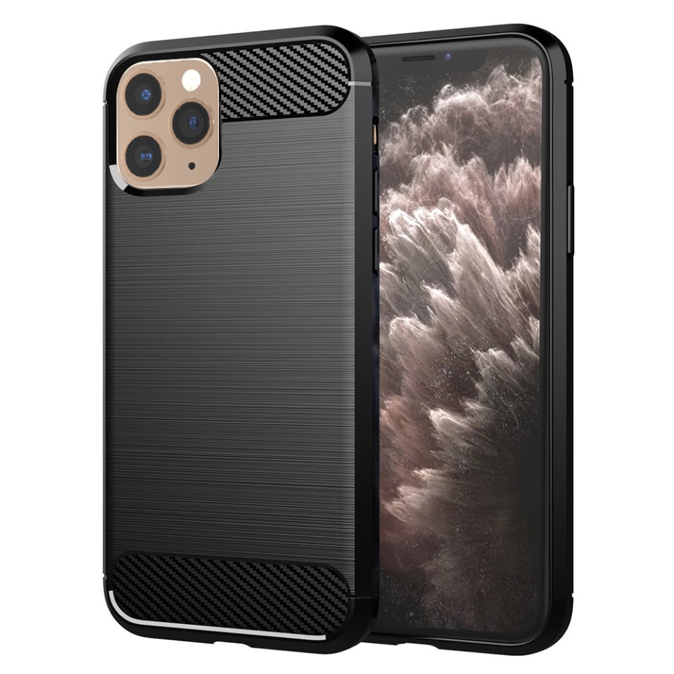 Husa pentru iPhone 11 Pro, SKYDDAR INNOVATION, Carbon Silicone, din Silicon Slim, cu textura Fibra Carbon, set cu sticker, Negru