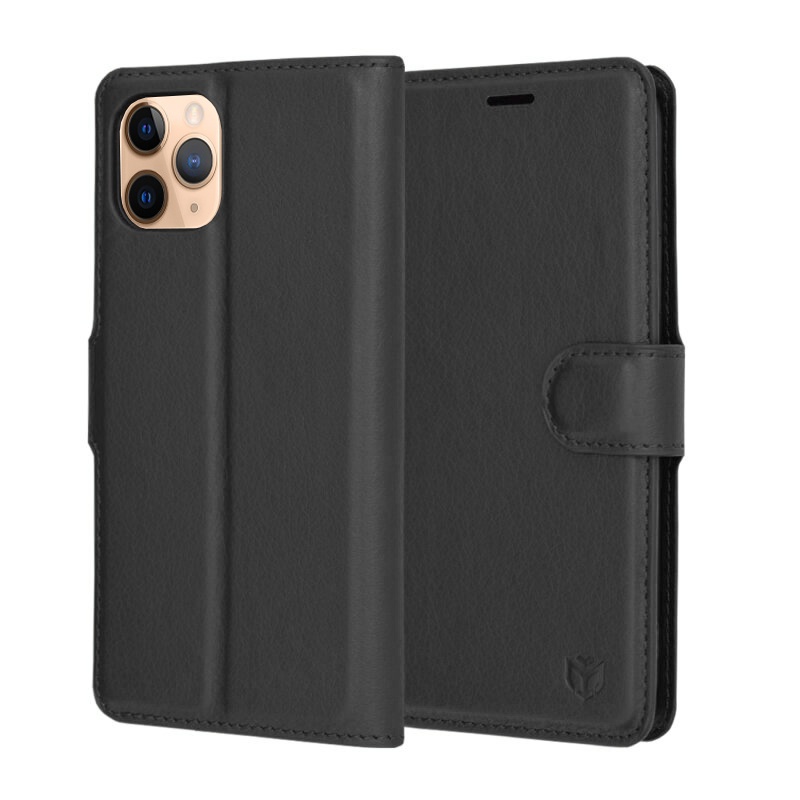 Husa pentru iPhone 11 Pro, SKYDDAR INNOVATION, Leather Folio tip Carte, cu Portofel Interior, Finisaje Premium, set cu sticker, Negru
