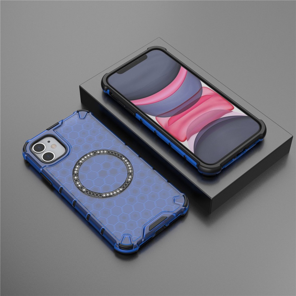 Husa pentru iPhone 11, SKYDDAR INNOVATION, HoneyComb Shield MagSafe, Antisoc, set cu sticker, Albastru - 5