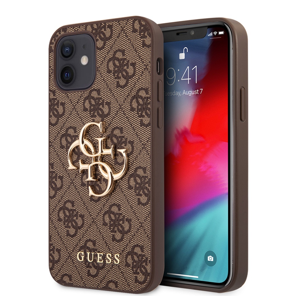 Husa pentru iPhone 12, Guess Hardcase 4G Big Metal Logo, Protectie Slim, Compatibila, Maro